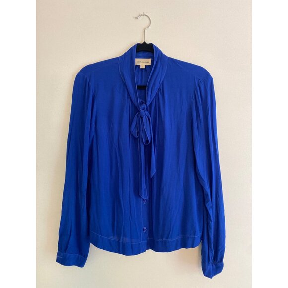 Cloth & Stone Womens Royal Blue Button-Up Blouse With Tie Neck Detail - Picture 1 of 6